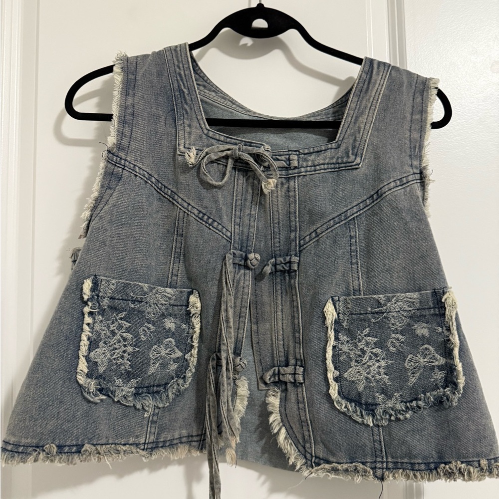 Denim Vest with Lace Pockets